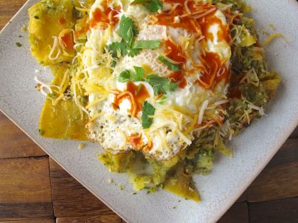 Chilaquiles Verdes with Roasted Tomatillo Salsa and a Fried Egg