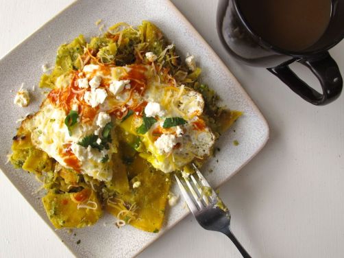 Chilaquiles Verdes with Roasted Tomatillo Salsa, Queso Fresco, and a Fried Egg