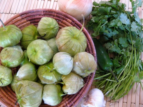 Tomatillos, Cilantro, and other ingredients for Chilaquiles Verdes