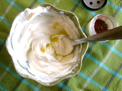 Making Labne Olive Oil Dip with Za'atar