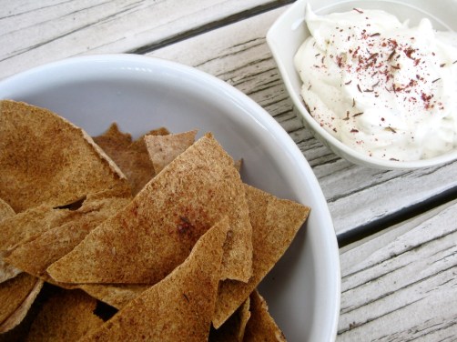Homemade Pita Chips with Labne Olive Oil Dip