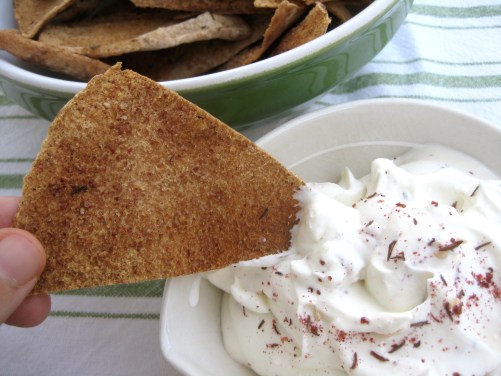 Homemade Pita Chips with Labne Olive Oil Dip