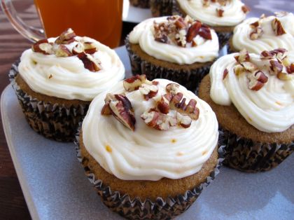 Spiced Apple Cider Cupcakes with spiced cider frosting and pecans