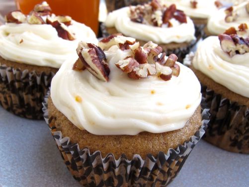Spiced Apple Cider Cupcakes with spiced cider frosting and pecans