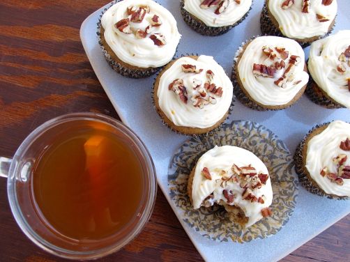 Spiced Apple Cider Cupcakes with spiced cider frosting and pecans