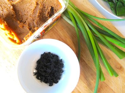 White miso, scallions, and dried wakame seaweed