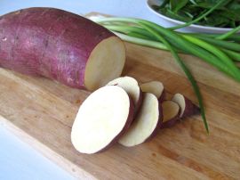 Sliced Japanese sweet potato for Hearty Miso Soup