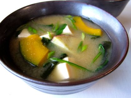 Hearty Miso Soup with spinach, tofu, Japanese pumpkin, and Japanese sweet potato