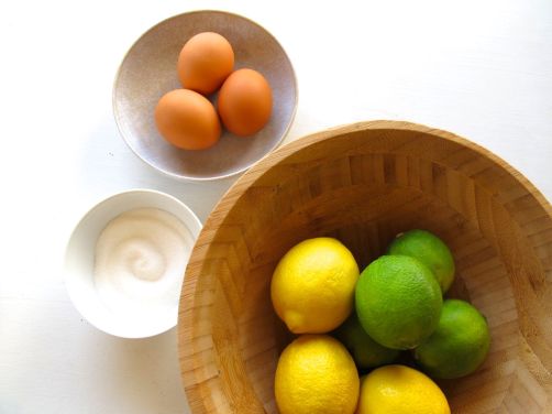 Ingredients for Zesty Lemon Lime Bars: eggs, sugar, lemons, limes