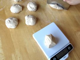 Weighing the dough for Maple Cinnamon Bagels