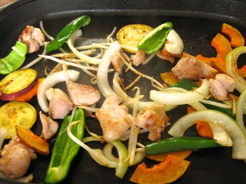 Onions, Japanese sweet potato, Japanese kabocha pumpkin, bean sprouts, green bell pepper, and chicken for yaki-niku Onions, Japanese sweet potato, Japanese kabocha pumpkin, bean sprouts, green bell pepper, and chicken for yaki-niku