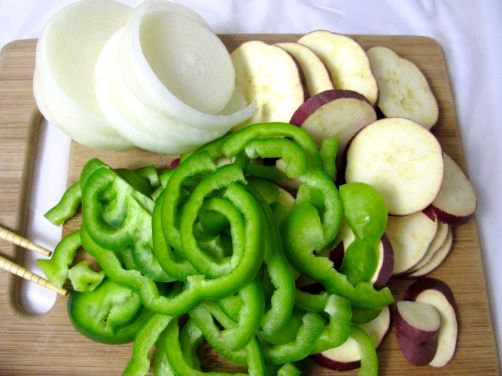 Japanese sweet potato, green bell pepper, and onions for yaki-niku Japanese sweet potato, green bell pepper, and onions for yaki-niku