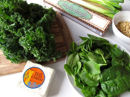 Ingredients for Spanakopita - Baked Phyllo Dough with Spinach, Feta, and Kale