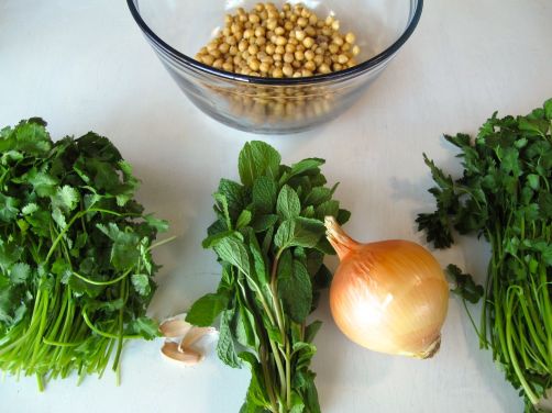Chickpeas, cilantro, mint, and parsley for Falafel