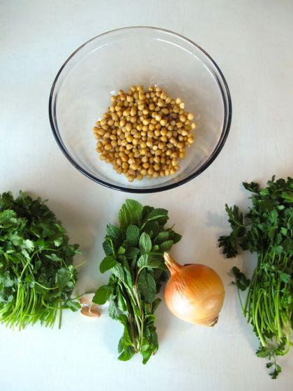Chickpeas, cilantro, mint, and parsley for Falafel