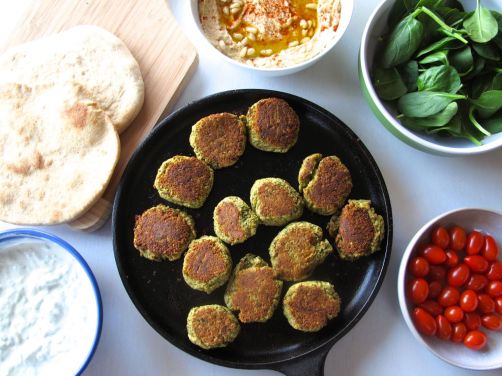 Baked Falafel, Tzatziki Yogurt Sauce, Homemade Pita Bread, and Hummus