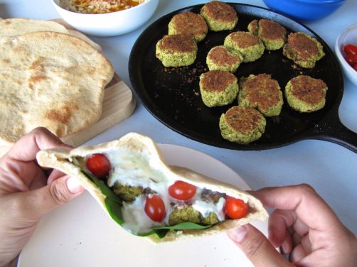 Homemade Pita Bread, Baked Falafel, and Tzatziki