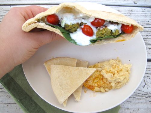 Homemade Pita Bread, Hummus, Baked Falafel, and Tzatziki