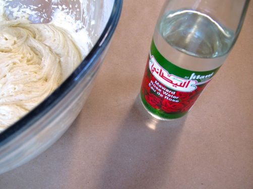 Rose water and cupcake batter for Blue Rose Cupcakes