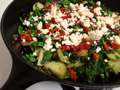 Frittata ingredients: Potatoes, spinach, sundried tomatoes, and feta Frittata ingredients: Potatoes, spinach, sundried tomatoes, and feta