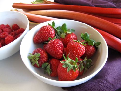 Rhubarb, raspberries, and strawberries for Berry Rhubarb Crisp