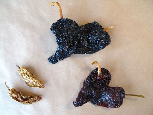 From left: dried chipotles, pasillas, and ancho chiles From left: dried chipotles, pasillas, and ancho chiles
