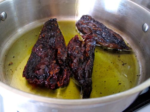 Frying the chiles Frying the chiles