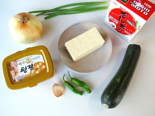 Ingredients for Doenjang Jjigae (Korean Savory Stew with zucchini, tofu, and shrimp) Ingredients for Doenjang Jjigae (Korean Savory Stew with zucchini, tofu, and shrimp)