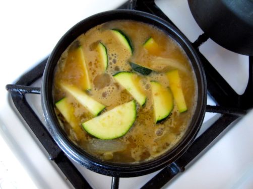 Making Doenjang Jjigae (Savory Korean stew with zucchini, tofu, and shrimp) Making Doenjang Jjigae (Savory Korean stew with zucchini, tofu, and shrimp)