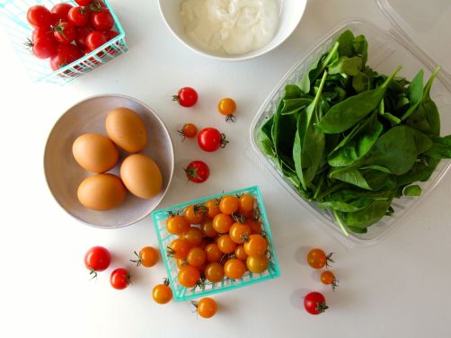 Ingredients for Skillet-Baked Eggs with Garlicky Yogurt, Spinach, and Cherry Tomatoes Ingredients for Skillet-Baked Eggs with Garlicky Yogurt, Spinach, and Cherry Tomatoes