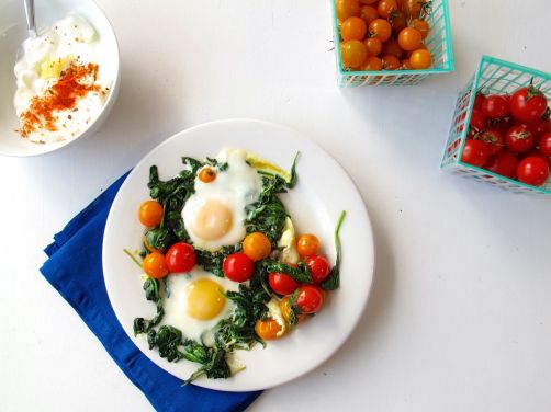 Skillet-Baked Eggs with Garlicky Yogurt and Cherry Tomatoes