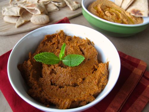 Muhammara, Roasted Red Pepper Hummus, and Pita Bread