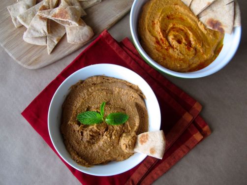 Muhammara, Roasted Red Pepper Hummus, and Pita Bread