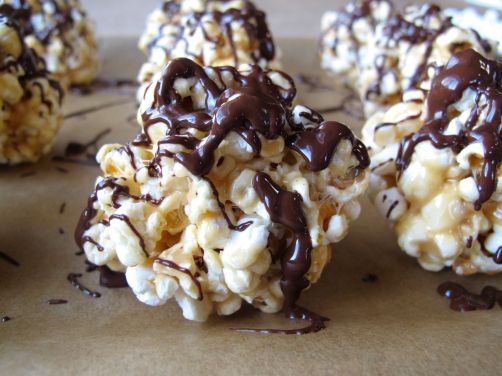 Peanut Butter Popcorn Balls with Chocolate