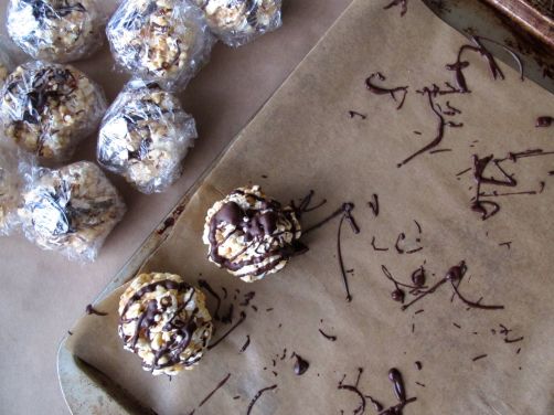 Peanut Butter Popcorn Balls with Chocolate