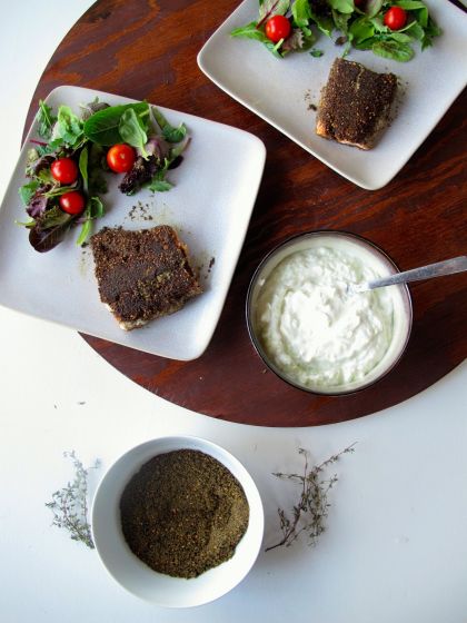 Za'atar Crusted Salmon with Tzatziki Yogurt Sauce