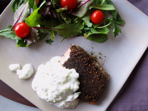 Za'atar Crusted Salmon with Tzatziki Yogurt Sauce