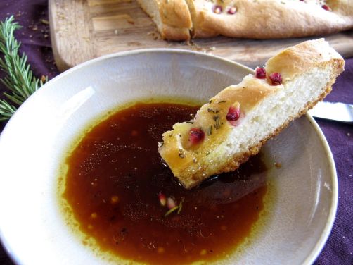 Pomegranate Rosemary Focaccia with Pomegranate Molasses Dipping Sauce