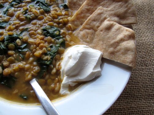 Lemony Lentil Spinach Soup with Pita Bread and Labne