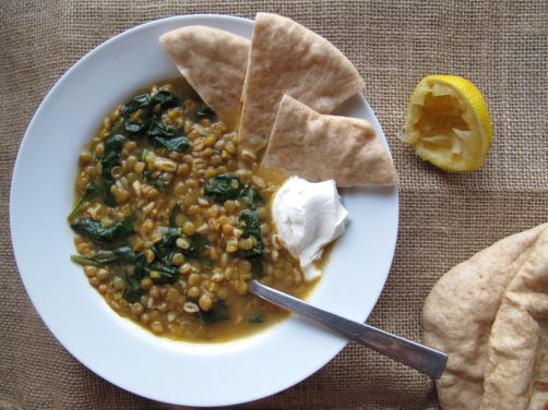 Lemony Lentil Spinach Soup with Pita Bread and Labne
