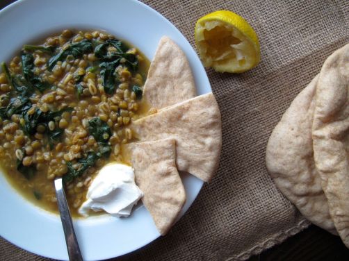 Lemony Lentil Spinach Soup with Pita Bread and Labne