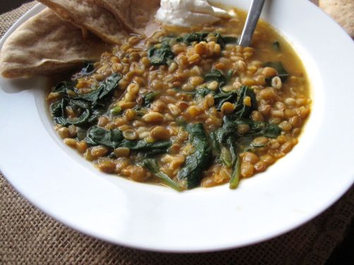 Lemony Lentil Spinach Soup with Pita Bread and Labne