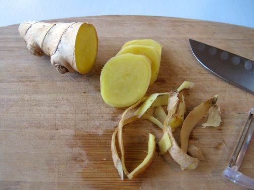 Sliced fresh ginger for Kitsune Udon in Mushroom Ginger Broth