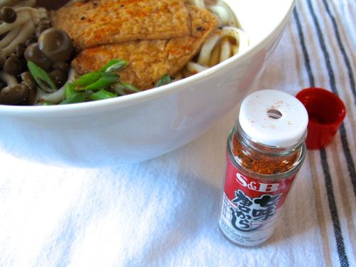 Kitsune Udon in Mushroom Ginger Broth and close-up of Shichimi Togarashi chili powder