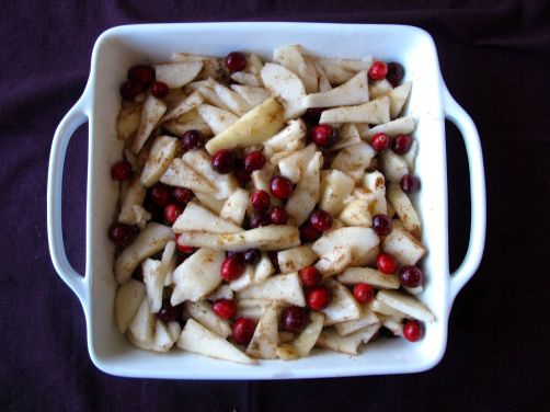 Making Pear Cranberry Crisp with cardamom (gluten-free)