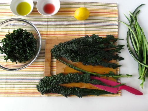 Slicing kale for Tuscan Kale Salad