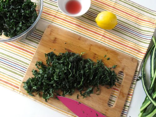 Slicing kale for Tuscan Kale Salad