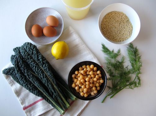 Ingredients for Avgolemono - Greek Egg Lemon Soup with Chickpeas and Kale