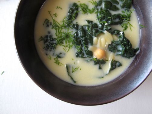 Avgolemono - Greek Egg Lemon Soup with Chickpeas and Kale