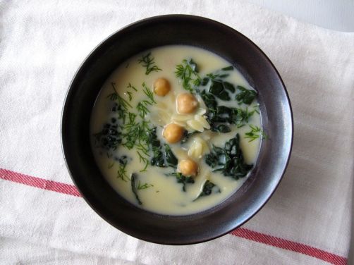 Avgolemono - Greek Egg Lemon Soup with Chickpeas and Kale